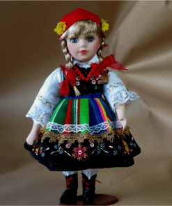 Lalka łowicka - ubrana w oryginalny wełniak łowicki - porcelanowa