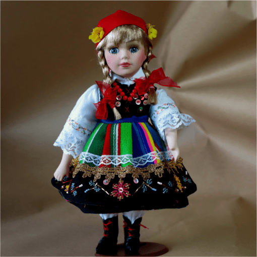 Lalka łowicka - ubrana w oryginalny wełniak łowicki - porcelanowa