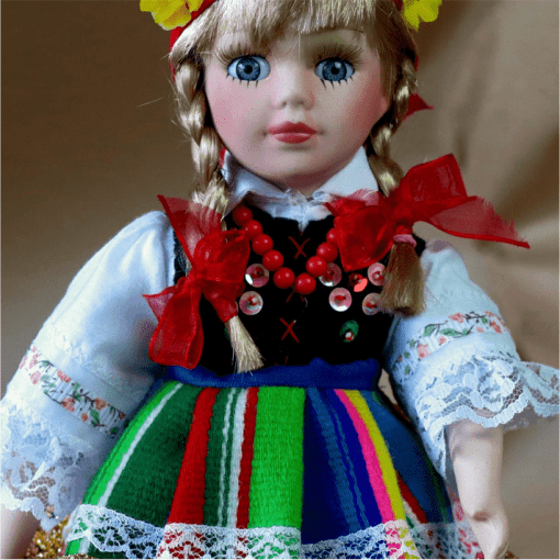 Lalka łowicka - ubrana w oryginalny wełniak łowicki - porcelanowa - obrazek 2